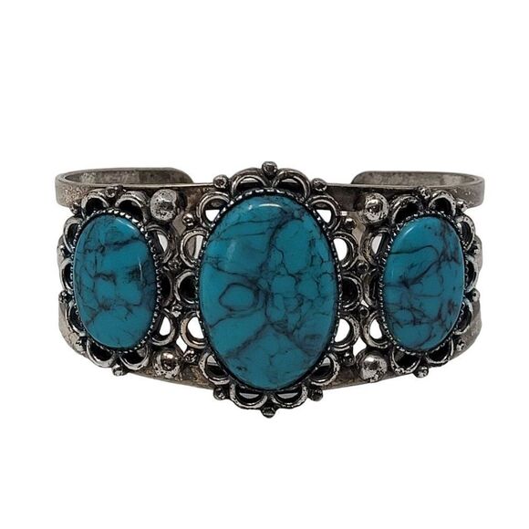 Vintage 90's Silver Tone Faux Turquoise Filigree Cuff Bracelet Southwestern Boho - Picture 1 of 8